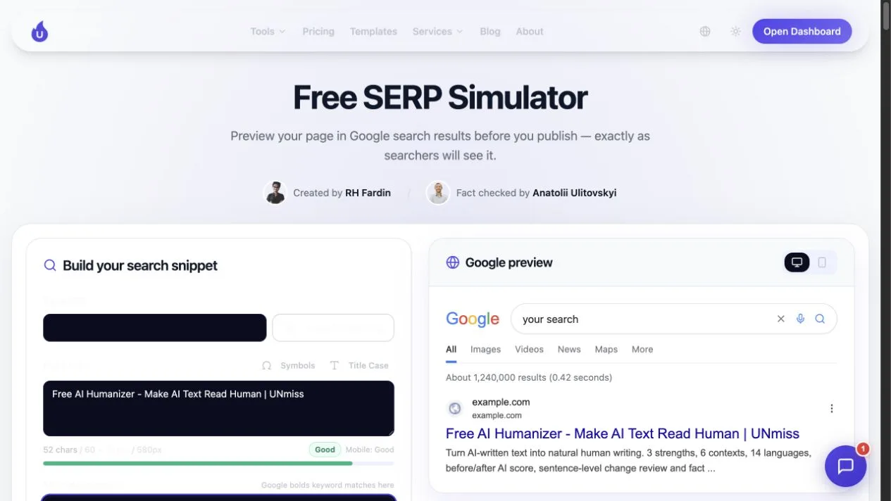 SERP-симулятор seotools.pro показывает длинный заголовок и описание AI Humanizer во время повторного теста на 10 страницах.