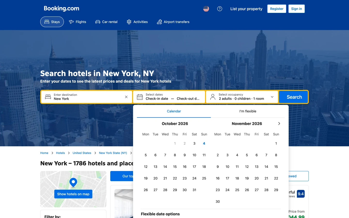 Booking.com New York city page with Stays, Flights, Car rental, Activities and Airport transfers tabs, the heading Search hotels in New York, NY, the line Enter your dates to see the latest prices and deals for New York hotels, a search box with New York filled in and a date calendar open for October and November 2026, a breadcrumb of Home, Hotels, United States, New York State (NY), and the heading New York – 1786 hotels and places to stay.