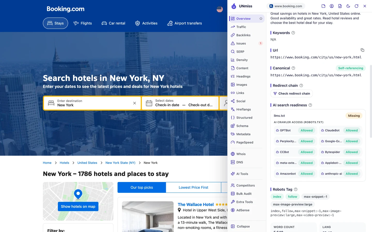 The seotools.pro browser extension on the Booking.com New York city page showing a self-referencing canonical, a Check redirect chain button, AI search readiness with llms.txt missing, AI crawler access from robots.txt with GPTBot, ClaudeBot, PerplexityBot, Google-Extended, CCBot, Bytespider, meta-externalagent, Applebot-Extended, Amazonbot and anthropic-ai all allowed, and a robots tag of index, follow, max-snippet:-1 and max-image-preview:large.