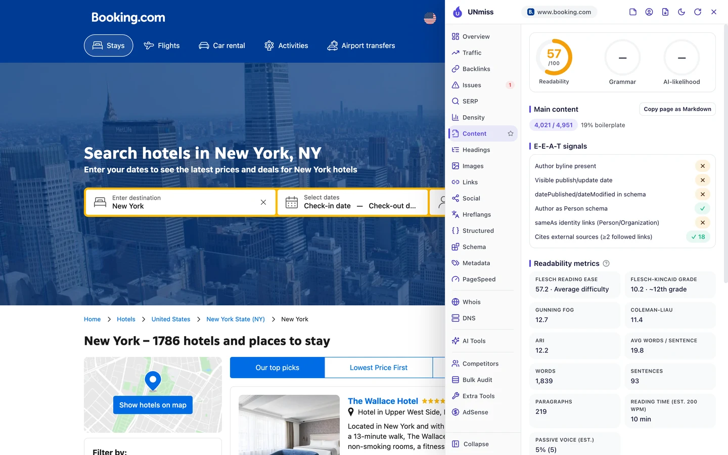 The seotools.pro browser extension Content tab on the Booking.com New York city page: a readability score of 57 out of 100, main content of 4,021 of 4,951 with 19 percent boilerplate, E-E-A-T signals with no author byline, no visible publish or update date, no datePublished or dateModified in schema, author as Person schema present, no sameAs links and 18 cited external sources, and readability metrics of a Flesch reading ease of 57.2, a Flesch-Kincaid grade of 10.2, a Gunning Fog of 12.7, 1,839 words, 93 sentences, 219 paragraphs, a 10 minute reading time and 5 percent passive voice.