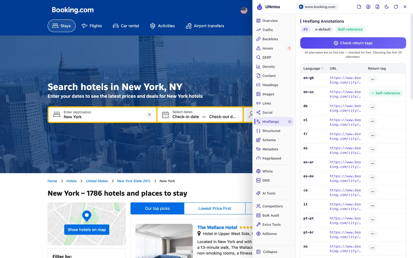 The seotools.pro browser extension Hreflangs tab on the Booking.com New York city page: 45 hreflang annotations with an x-default and a self-reference, a Check return tags button, and a table of languages and URLs starting with en-gb, en-us marked Self-reference, de, nl, fr, es, es-ar, es-mx, ca, it, pt-pt, pt-br and no, each pointing to a version of booking.com/city/us/new-york.
