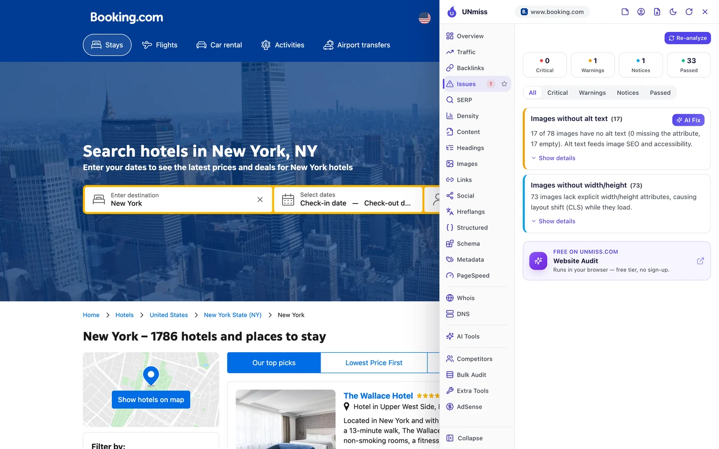 The seotools.pro browser extension Issues tab on the Booking.com New York city page: 0 critical, 1 warning, 1 notice and 33 passed, listing images without alt text (17), with 17 of 78 images having no alt text, 0 missing the attribute and 17 empty, and images without width/height (73), with 73 images lacking explicit width and height attributes, causing layout shift (CLS) while they load.