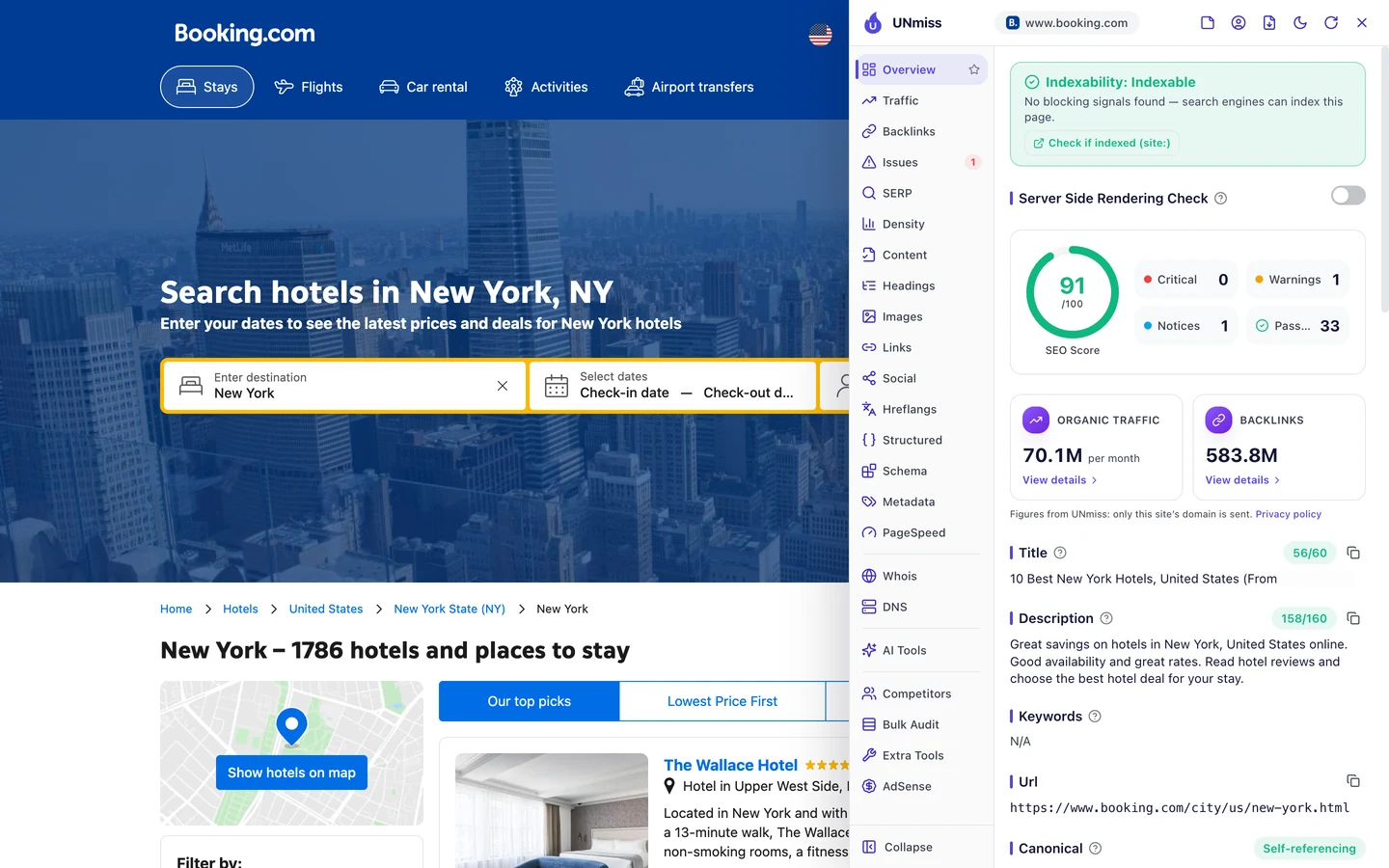 The seotools.pro browser extension Overview tab on the Booking.com New York city page: indexable, an SEO score of 91 out of 100 with 0 critical issues, 1 warning, 1 notice and 33 passed checks, organic traffic of 70.1M per month and 583.8M backlinks, a title of 56 of 60 characters, 10 Best New York Hotels, United States, followed by a starting price, a description of 158 of 160 characters, Great savings on hotels in New York, United States online. Good availability and great rates. Read hotel reviews and choose the best hotel deal for your stay., no keywords tag, the URL https://www.booking.com/city/us/new-york.html and a self-referencing canonical.