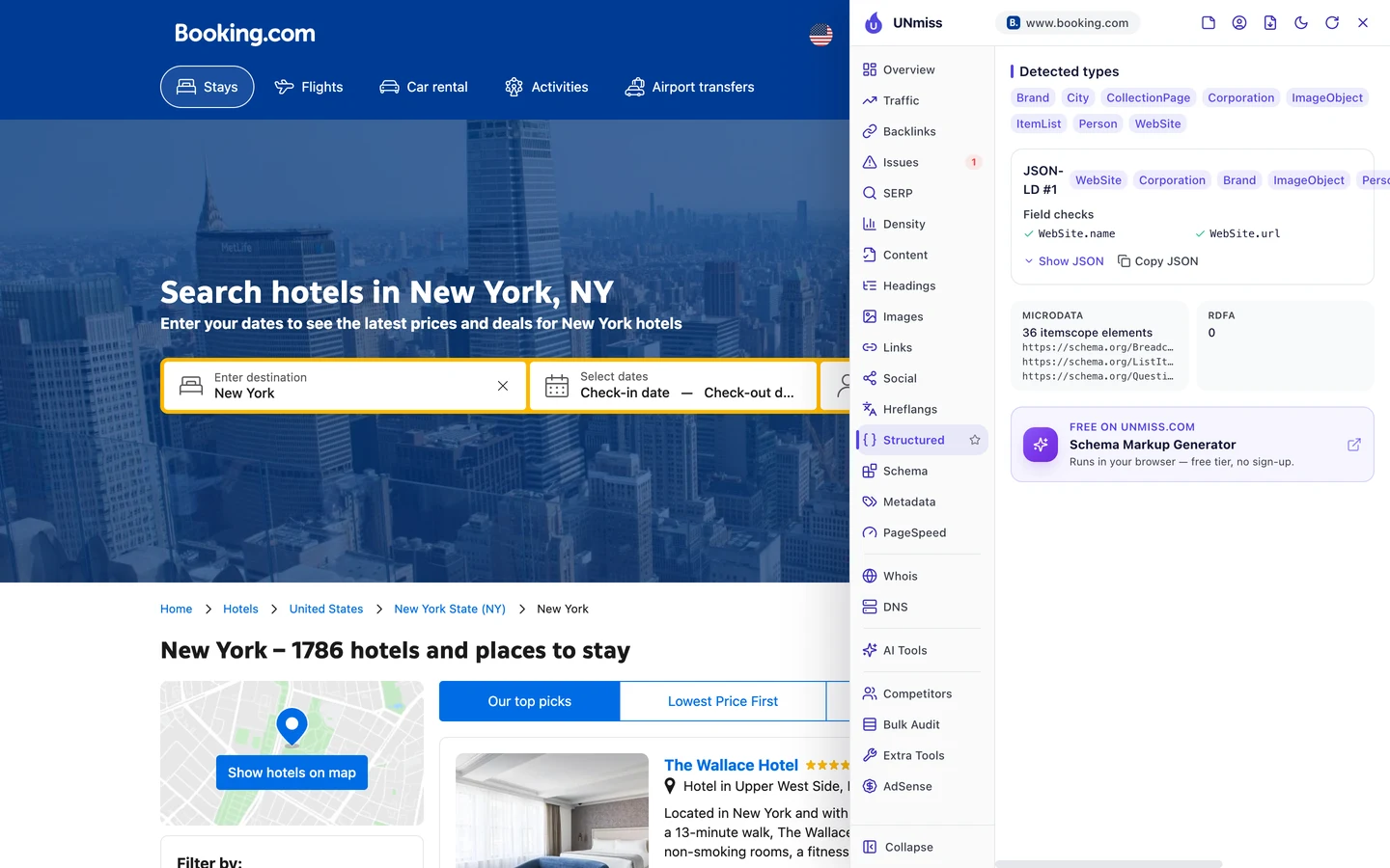 The seotools.pro browser extension Structured tab on the Booking.com New York city page: detected types Brand, City, CollectionPage, Corporation, ImageObject, ItemList, Person and WebSite, a JSON-LD block with WebSite.name and WebSite.url field checks passed, microdata with 36 itemscope elements for BreadcrumbList, ListItem and Question, and 0 RDFa.