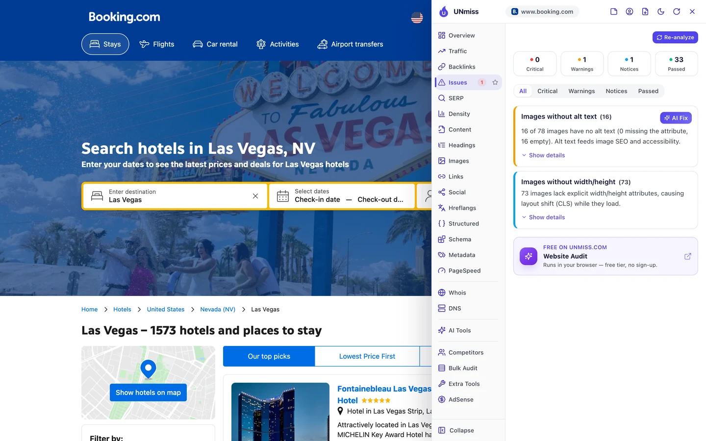 The seotools.pro browser extension Issues tab on the Booking.com Las Vegas city page: 0 critical, 1 warning, 1 notice and 33 passed, listing images without alt text (16), with 16 of 78 images having no alt text, 0 missing the attribute and 16 empty, and images without width/height (73), with 73 images lacking explicit width and height attributes, causing layout shift (CLS) while they load.
