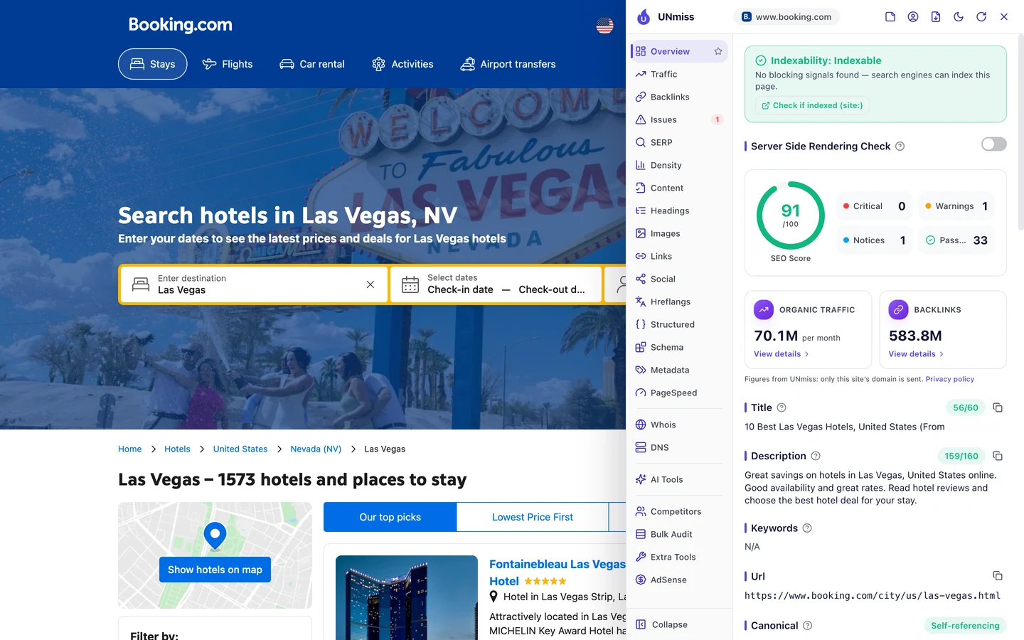 The seotools.pro browser extension Overview tab on the Booking.com Las Vegas city page: indexable, an SEO score of 91 out of 100 with 0 critical issues, 1 warning, 1 notice and 33 passed checks, organic traffic of 70.1M per month and 583.8M backlinks, a title of 56 of 60 characters, 10 Best Las Vegas Hotels, United States, followed by a starting price, a description of 159 of 160 characters, Great savings on hotels in Las Vegas, United States online. Good availability and great rates. Read hotel reviews and choose the best hotel deal for your stay., no keywords tag, and the URL https://www.booking.com/city/us/las-vegas.html.