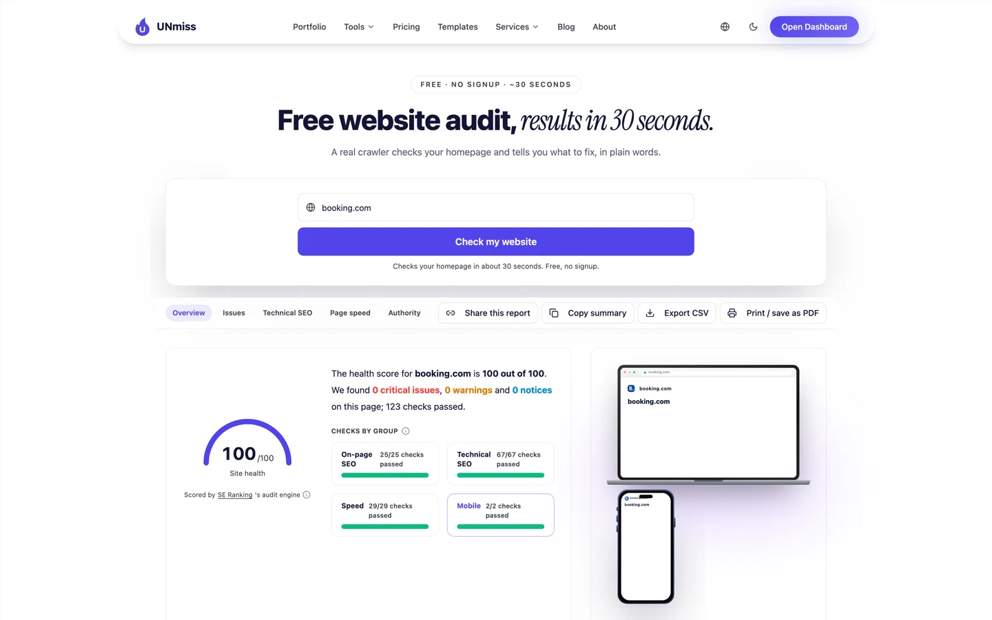 seotools.pro Website Audit для booking.com: идеальные 100 из 100 по здоровью сайта, 0 критичных проблем, 0 предупреждений, 0 замечаний и 123 пройденные проверки во всех четырёх группах.