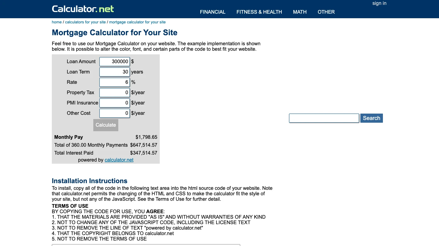 Страница Calculator.net «Mortgage Calculator for Your Site»: пример калькулятора для встраивания со ссылкой powered by calculator.net внизу и условия использования, где пункт 3 запрещает удалять строку powered by calculator.net.
