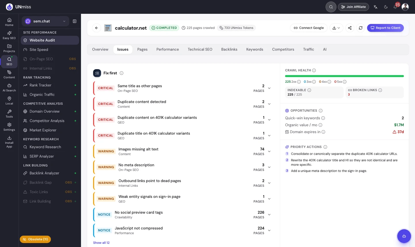Проблемы calculator.net в seotools.pro Website Audit: 4 критические ошибки из-за одинаковых заголовков и повторяющегося текста на вариантах калькулятора 401K, предупреждения о 74 страницах с картинками без alt-текста, 3 страницах без meta description и 2 битых внешних ссылках. Первым в списке действий стоит объединение дублирующихся адресов калькулятора 401K.