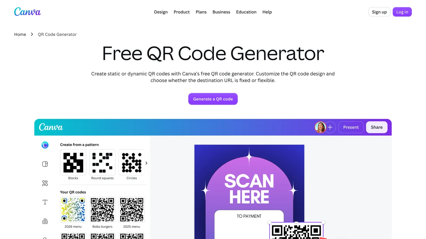 Страница бесплатного генератора QR-кодов Canva: заголовок Free QR Code Generator, пояснение в одну строку, кнопка Generate a QR code и превью редактора Canva с узорами QR-кодов и постером Scan Here.