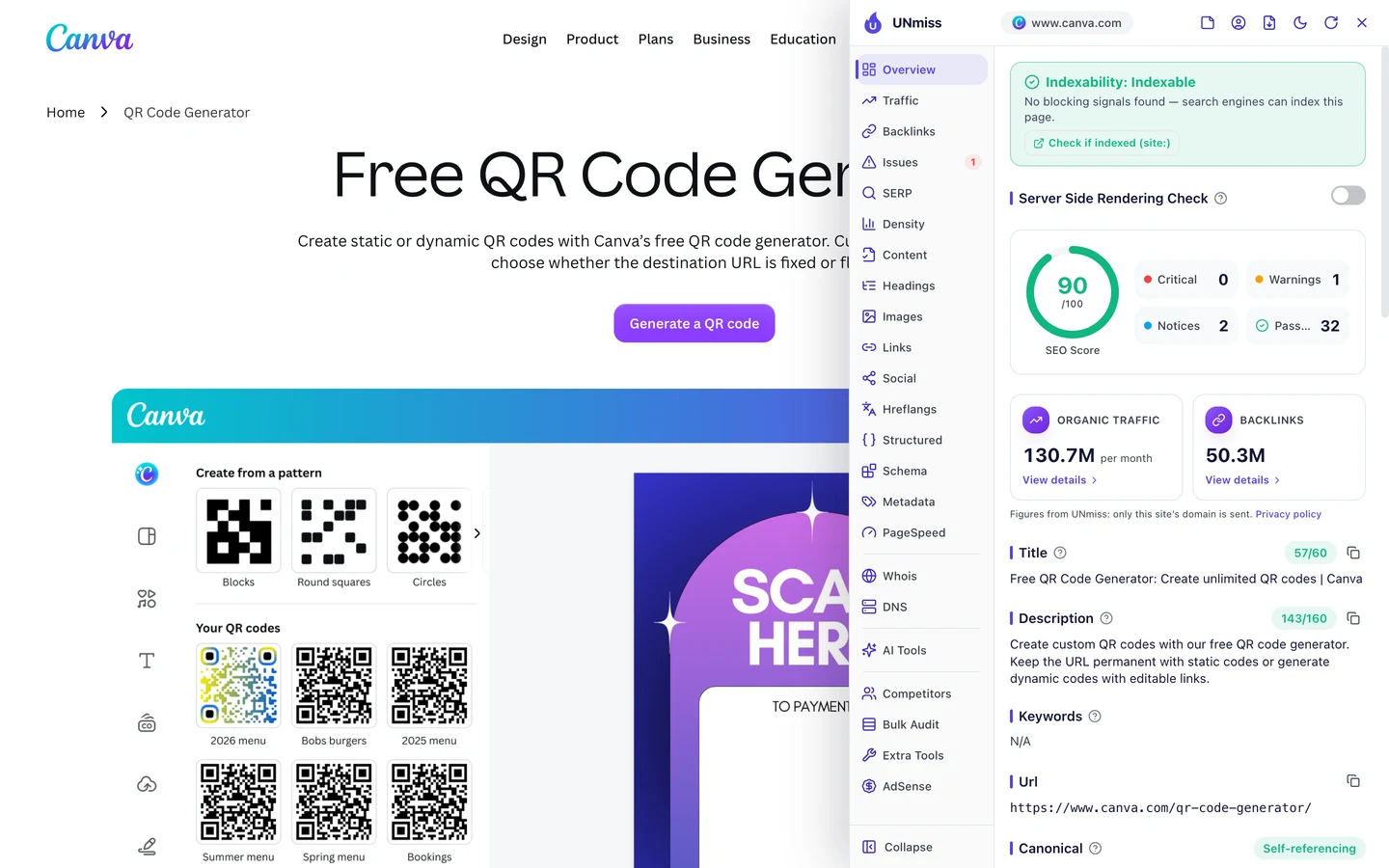 Расширение UNmiss для браузера на canva.com/qr-code-generator: страница открыта для индексации, SEO-оценка 90 из 100, 0 критических проблем, 1 предупреждение, 2 уведомления и 32 пройденные проверки, а заголовок Free QR Code Generator: Create unlimited QR codes | Canva занимает 57 из 60 символов.