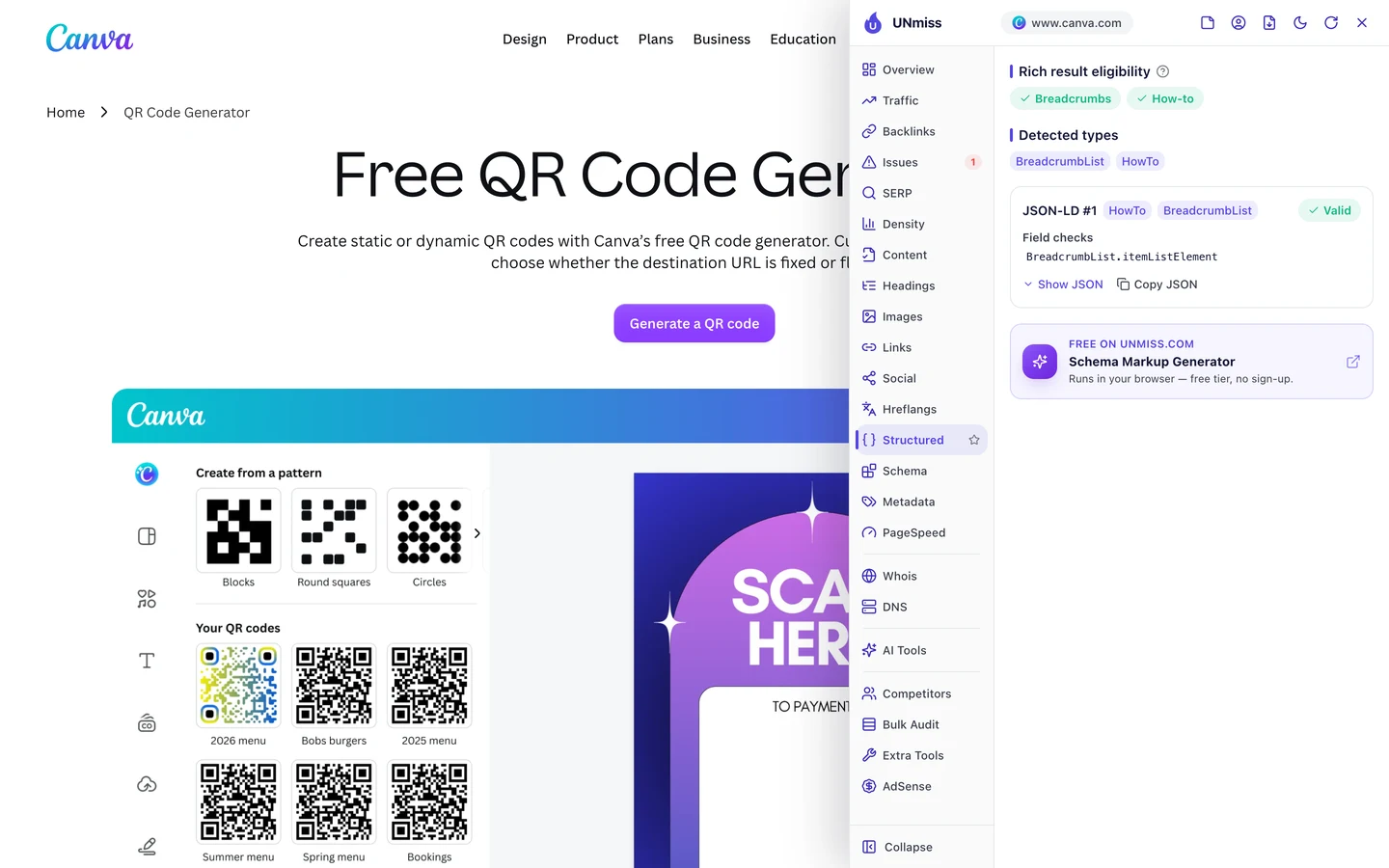 Вкладка Structured в расширении UNmiss для браузера на странице генератора QR-кодов Canva: страница подходит для расширенных результатов Breadcrumbs и How-to, а в ее коде есть корректный блок JSON-LD с HowTo и BreadcrumbList.