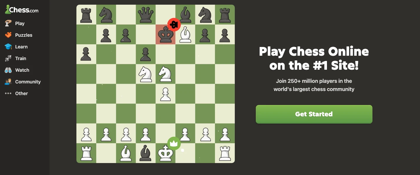 Главная страница chess.com: слева шахматная доска, справа заголовок «Play Chess Online on the #1 Site!» (играйте в шахматы онлайн на сайте №1), под ним приглашение присоединиться к 250+ млн игроков в крупнейшем шахматном сообществе мира и кнопка Get Started.