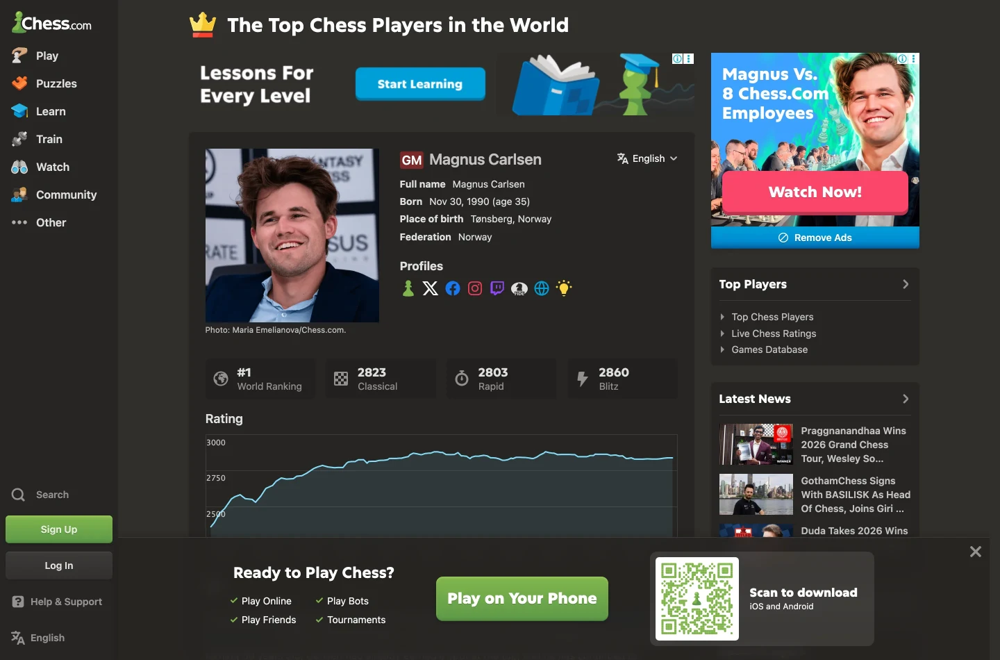 Страница профиля игрока на chess.com, один из 808&nbsp;803 профилей среди 839&nbsp;868 адресов в 46 файлах карты сайта, подсчет на 25 сентября 2026 года.