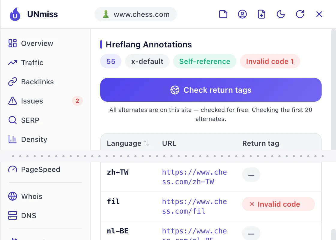 Расширение UNmiss для браузера на главной странице chess.com, вкладка Hreflangs: 55 аннотаций hreflang с x-default и ссылкой страницы на саму себя, пометка Invalid code 1 и строка fil для https://www.chess.com/fil с отметкой Invalid code.