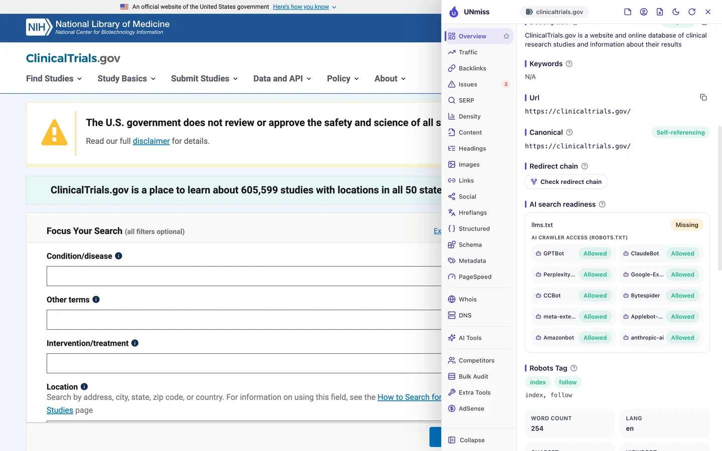 The seotools.pro browser extension on the ClinicalTrials.gov homepage showing AI search readiness: llms.txt missing, and AI crawler access from robots.txt with GPTBot, ClaudeBot, PerplexityBot, Google-Extended, CCBot, Bytespider, meta-externalagent, Applebot-Extended, Amazonbot and anthropic-ai all allowed, a robots tag of index, follow, and a word count of 254.