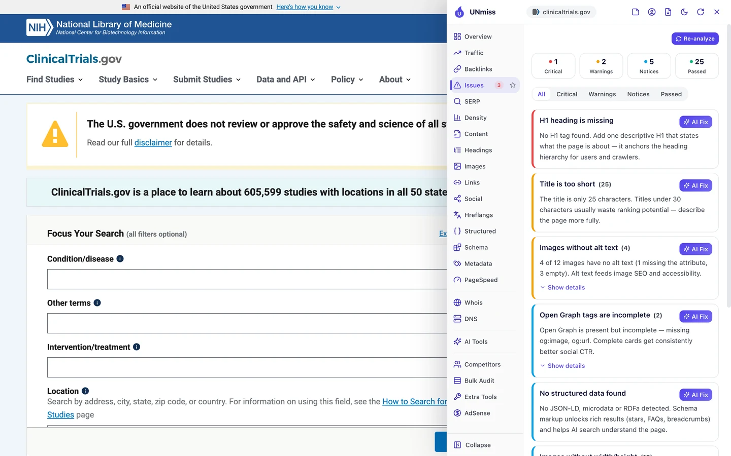 The seotools.pro browser extension Issues tab on the ClinicalTrials.gov homepage: 1 critical, 2 warnings, 5 notices and 25 passed, listing H1 heading is missing, title is too short (25), images without alt text (4), Open Graph tags are incomplete (2) and no structured data found.