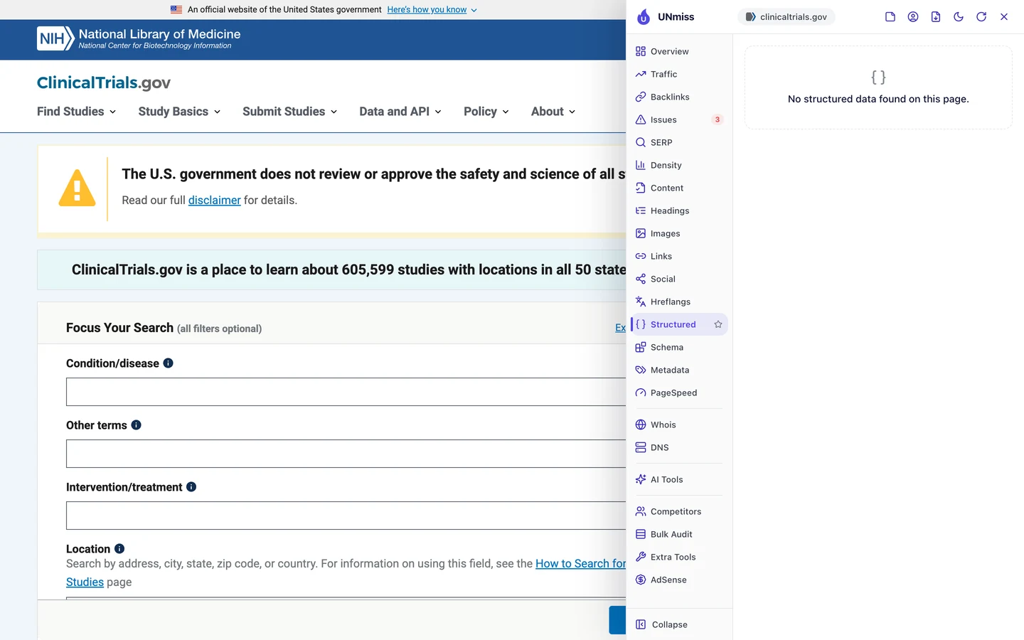 The seotools.pro browser extension Structured tab on the ClinicalTrials.gov homepage: No structured data found on this page.
