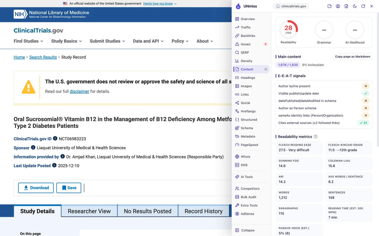 The seotools.pro browser extension Content tab on ClinicalTrials.gov study page NCT06983223: a readability score of 28 out of 100, main content of 1,676 of 1,835 words with 9 percent boilerplate, E-E-A-T signals with no author byline, a visible publish or update date, no datePublished or dateModified in schema, no author as Person schema, no sameAs links and 31 cited external sources, and readability metrics of a Flesch reading ease of 27.5, rated very difficult, a Flesch-Kincaid grade of 11.5, 1,212 words, 148 sentences and a 7 minute reading time.