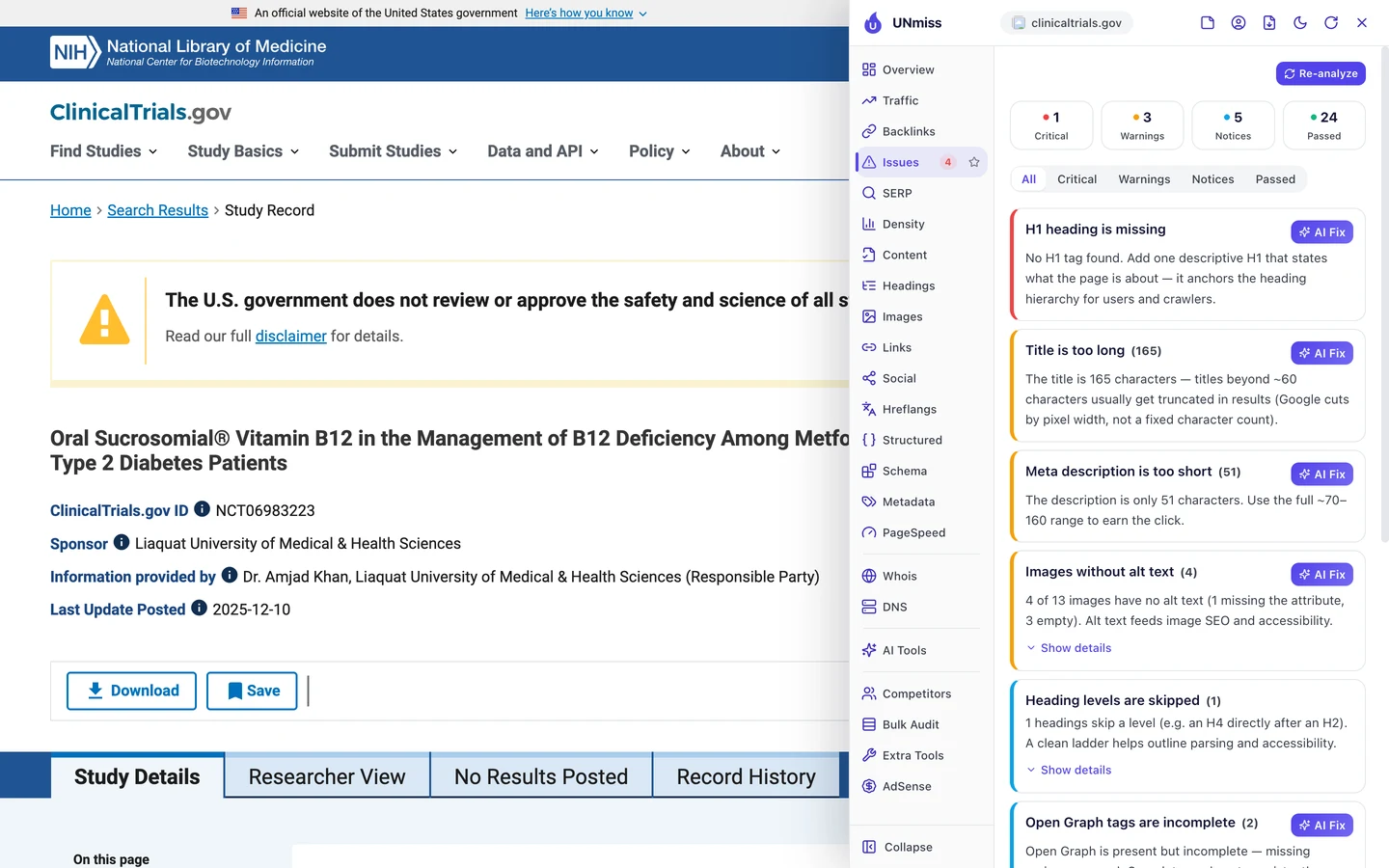 The seotools.pro browser extension Issues tab on ClinicalTrials.gov study page NCT06983223: 1 critical, 3 warnings, 5 notices and 24 passed, listing H1 heading is missing, title is too long (165), meta description is too short (51), images without alt text (4), heading levels are skipped (1) and Open Graph tags are incomplete (2).