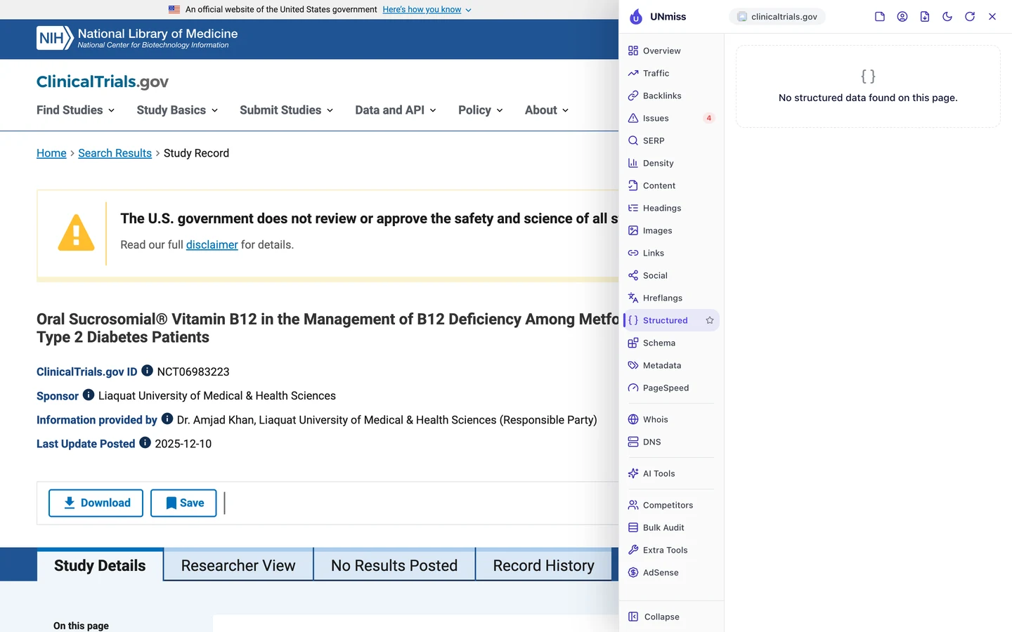 The seotools.pro browser extension Structured tab on ClinicalTrials.gov study page NCT06983223: No structured data found on this page.
