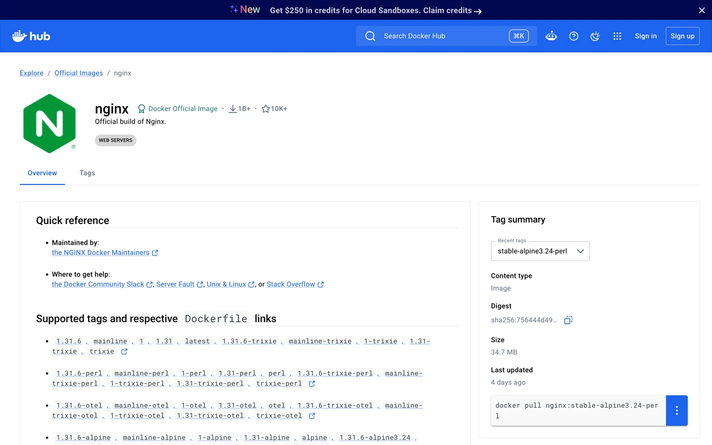 Docker Hub page for the nginx Docker Official Image, with a breadcrumb trail Explore, Official Images, nginx, the summary Official build of Nginx., 1B+ downloads, 10K+ stars, a Web Servers tag, a Quick reference section with maintainers and help links, a list of supported tags, and a Tag summary box with a size of 34.7 MB, last updated 4 days ago, and a docker pull command.
