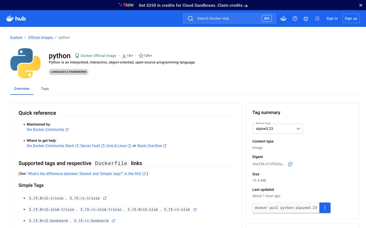 Docker Hub page for the python Docker Official Image, with a breadcrumb trail Explore, Official Images, python, the summary Python is an interpreted, interactive, object-oriented, open-source programming language., 1B+ downloads, 10K+ stars, a Languages and Frameworks tag, a list of simple tags, and a Tag summary box with a size of 19.4 MB, last updated about 1 hour ago.