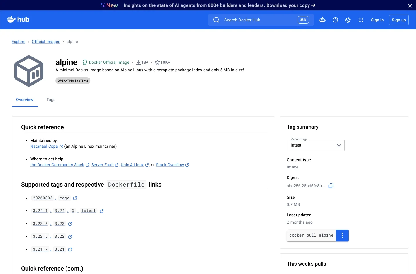 Сторінка репозиторію Docker Hub з офіційним образом, де видно команду pull і теги.