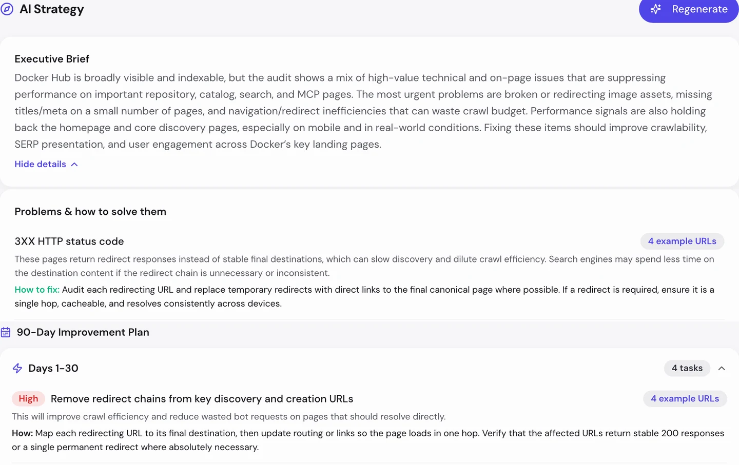 seotools.pro Website Audit AI tab for hub.docker.com: an executive brief saying Docker Hub is broadly visible and indexable but held back by redirecting image assets, missing titles and meta on a few pages and redirect inefficiencies, a problem on 3XX HTTP status codes with how to fix it, and a 90-day improvement plan whose first 30 days hold 4 tasks, starting with a high-priority task to remove redirect chains from key discovery and creation URLs.