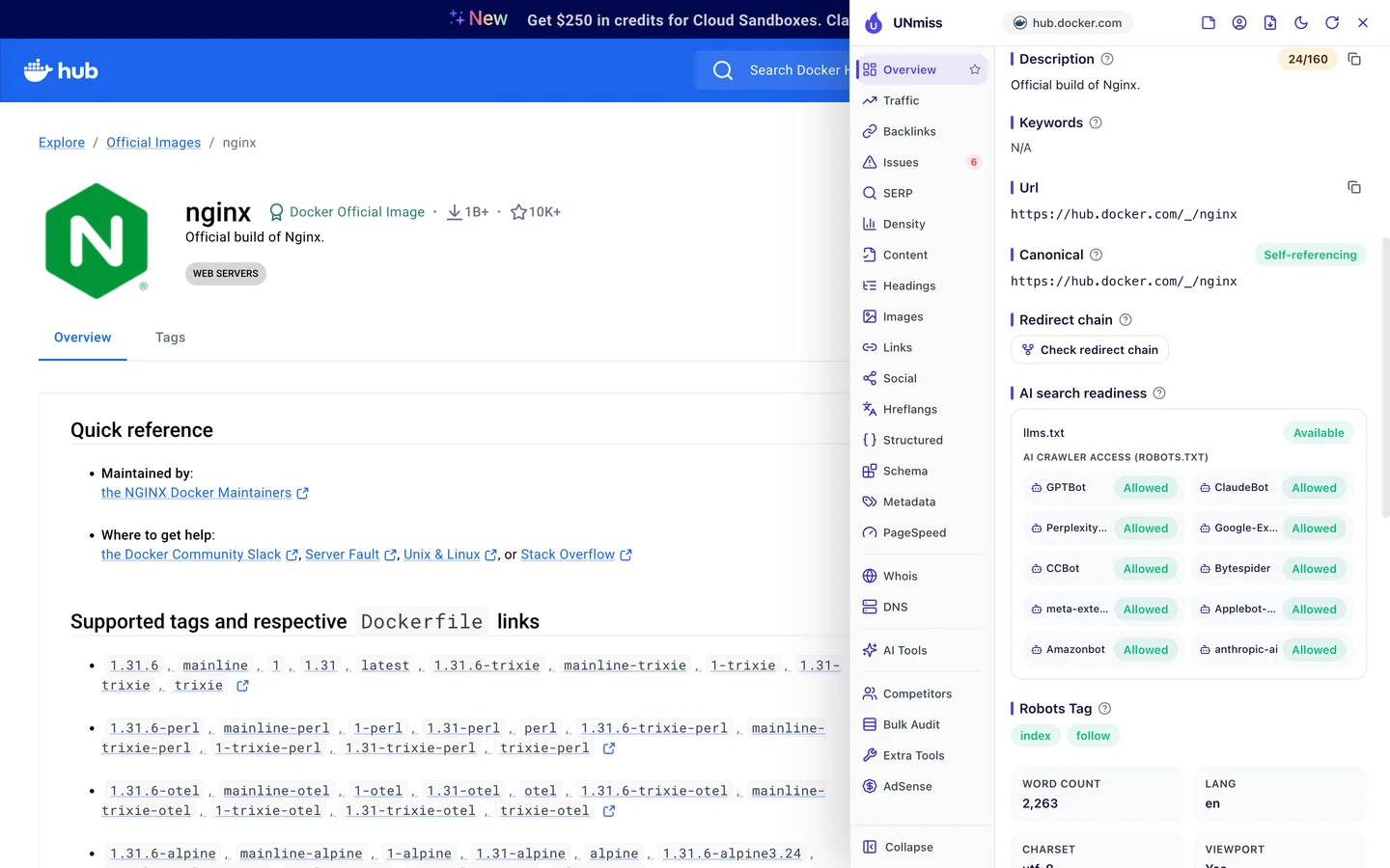 The seotools.pro browser extension on Docker Hub's nginx page showing AI search readiness: llms.txt available, and AI crawler access from robots.txt with GPTBot, ClaudeBot, PerplexityBot, Google-Extended, CCBot, Bytespider, meta-externalagent, Applebot-Extended, Amazonbot and anthropic-ai all allowed, and a robots tag of index, follow.