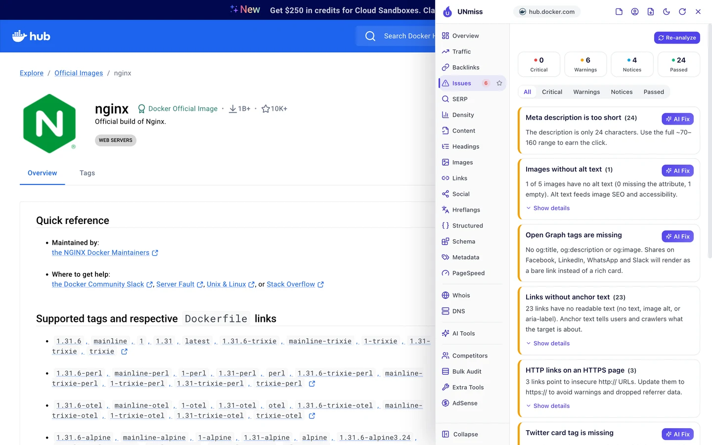 The seotools.pro browser extension Issues tab on Docker Hub's nginx page: 0 critical, 6 warnings, 4 notices and 24 passed, led by meta description is too short (24), images without alt text (1), Open Graph tags are missing, links without anchor text (23), HTTP links on an HTTPS page (3) and Twitter card tag is missing.