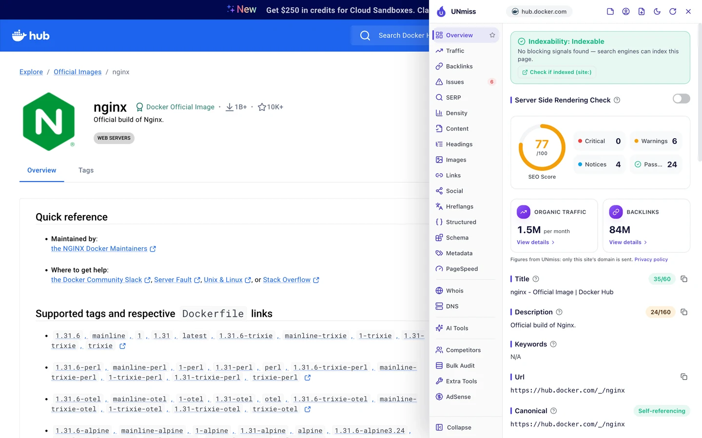 The seotools.pro browser extension on Docker Hub's nginx page: indexable, an SEO score of 77 out of 100 with 0 critical issues, 6 warnings, 4 notices and 24 passed checks, a title of 35 of 60 characters, nginx - Official Image | Docker Hub, a description of 24 of 160 characters, Official build of Nginx., and a self-referencing canonical of https://hub.docker.com/_/nginx.