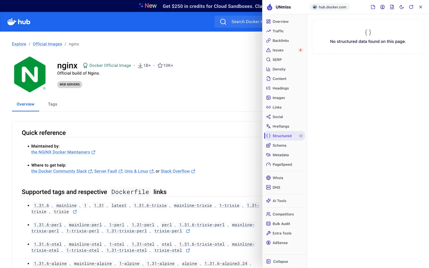 The seotools.pro browser extension Structured tab on Docker Hub's nginx page: No structured data found on this page.