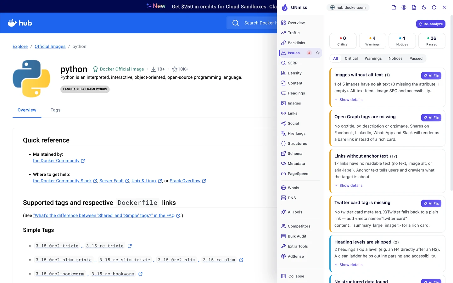 The seotools.pro browser extension Issues tab on Docker Hub's python page: 0 critical, 4 warnings, 4 notices and 26 passed, listing images without alt text (1), Open Graph tags are missing, links without anchor text (17), Twitter card tag is missing and heading levels are skipped (2), with no warning about the description.