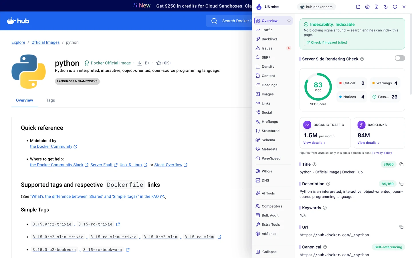 The seotools.pro browser extension on Docker Hub's python page: indexable, an SEO score of 83 out of 100 with 0 critical issues, 4 warnings, 4 notices and 26 passed checks, a title of 36 of 60 characters, python - Official Image | Docker Hub, and a description of 89 of 160 characters, Python is an interpreted, interactive, object-oriented, open-source programming language.