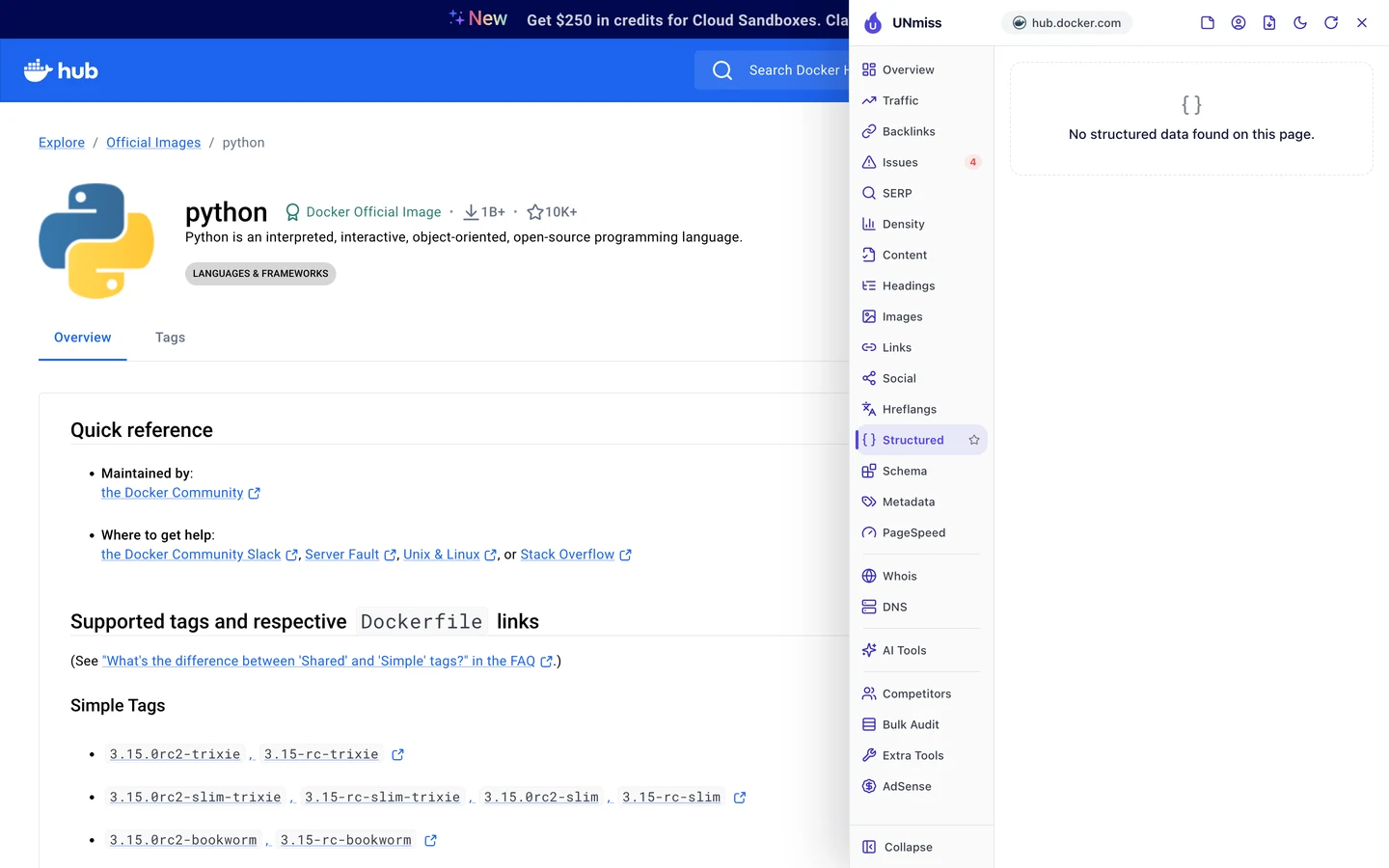 The seotools.pro browser extension Structured tab on Docker Hub's python page: No structured data found on this page.