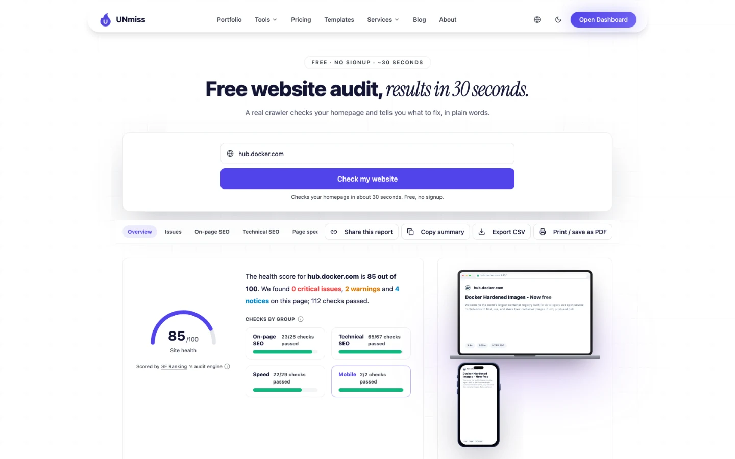 seotools.pro Website Audit для hub.docker.com: 85 зі 100 балів здоров’я сайту, 0 критичних проблем, 2 попередження, 4 зауваження і 112 пройдених перевірок.