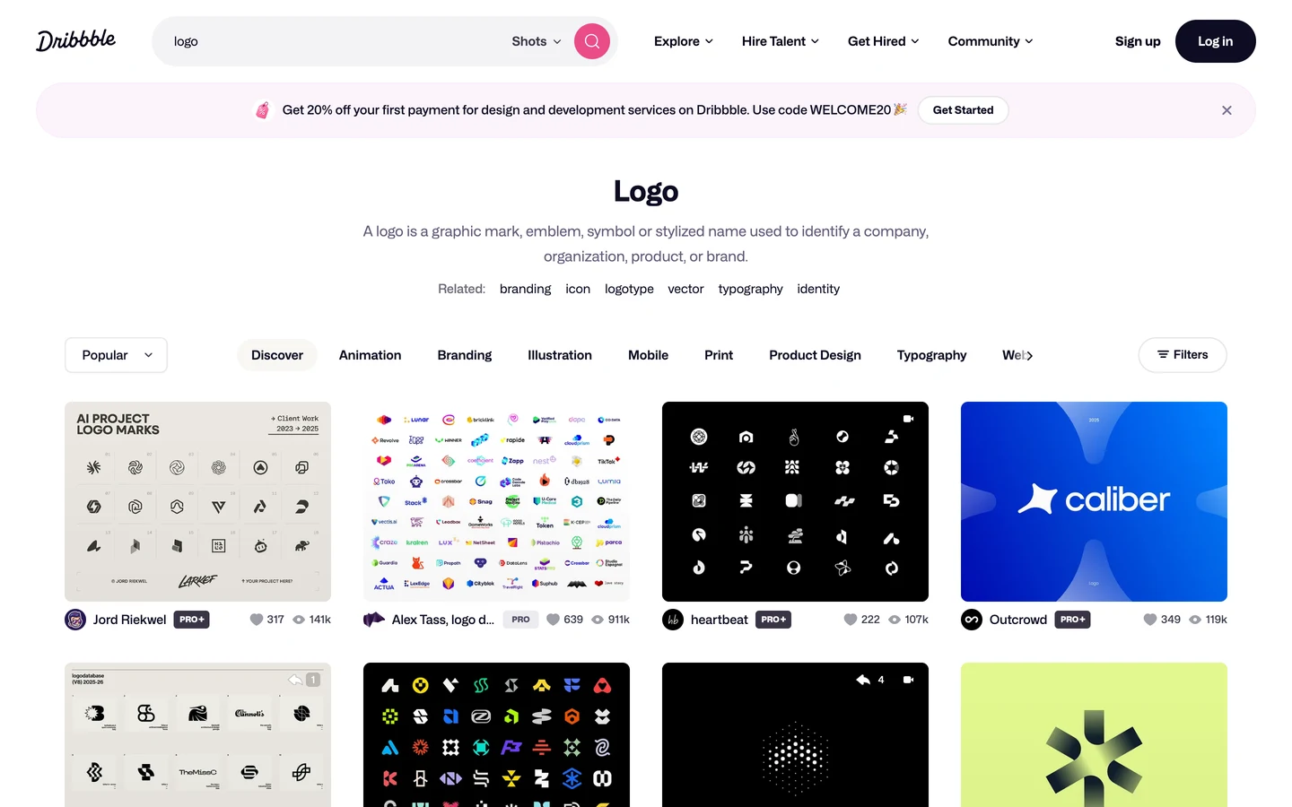 Dribbble search page for logo, with the search box set to logo, a promo banner, the heading Logo, the line A logo is a graphic mark, emblem, symbol or stylized name used to identify a company, organization, product, or brand, related tags branding, icon, logotype, vector, typography and identity, category tabs from Discover to Web Design, a Popular sort menu, a Filters button and a grid of logo designs with like and view counts.