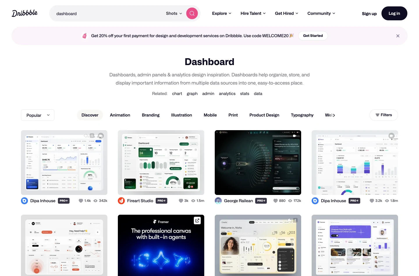 Сторінка результатів внутрішнього пошуку Dribbble показує сітку готових дизайнерських робіт, а не список посилань.