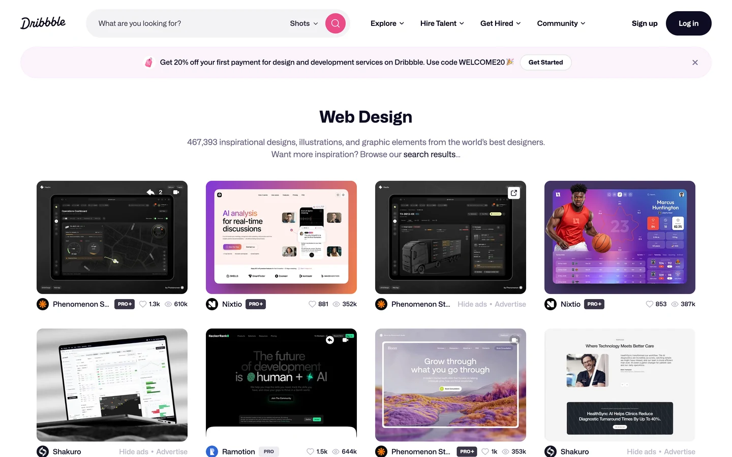 Dribbble tag page for web design, with an empty search box, a promo banner, the heading Web Design, the line 467,393 inspirational designs, illustrations, and graphic elements from the world's best designers, a second line Want more inspiration? Browse our search results..., and a grid of website and dashboard designs with like and view counts.