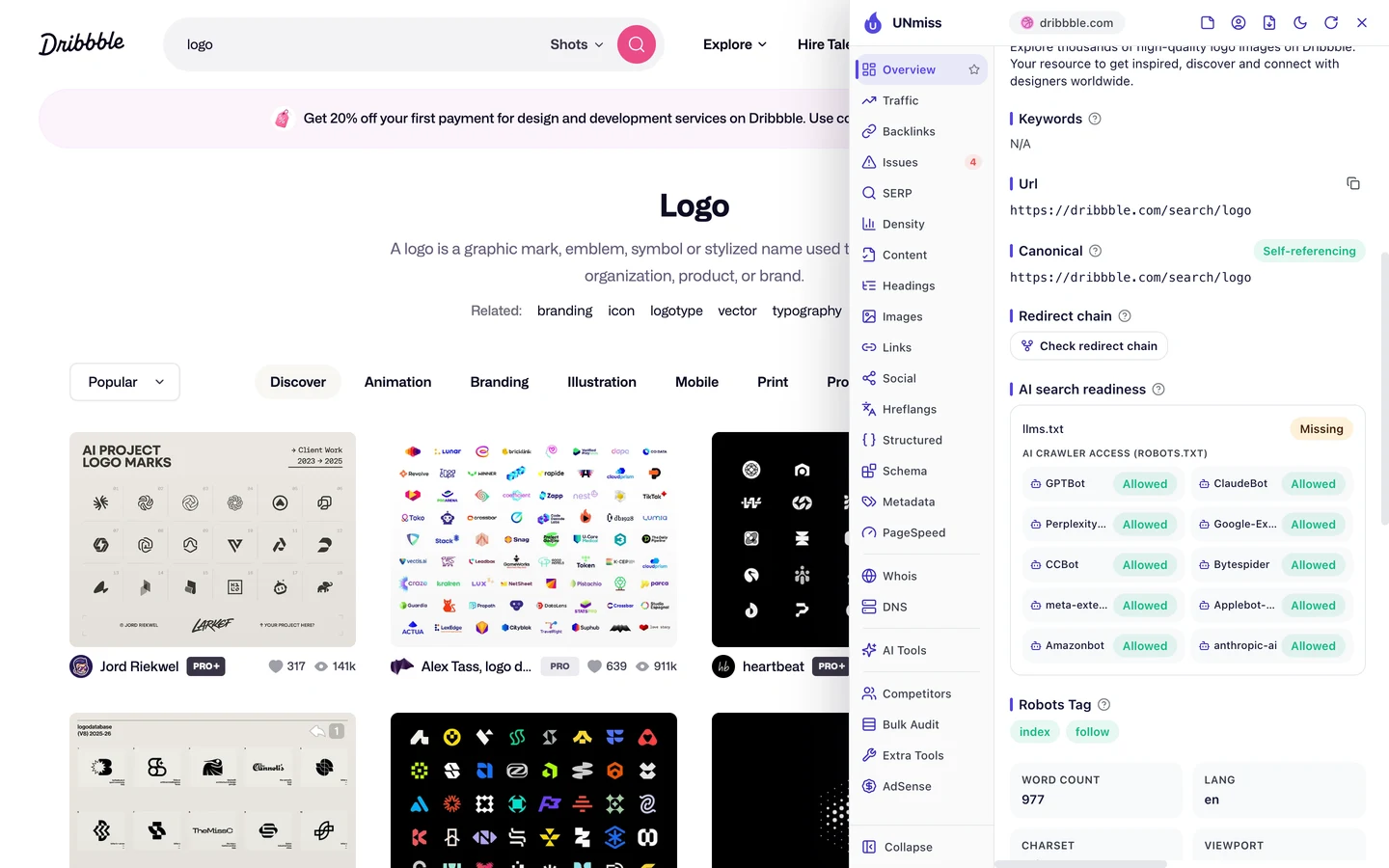The seotools.pro browser extension on the Dribbble logo search page showing the URL https://dribbble.com/search/logo, a self-referencing canonical, a Check redirect chain button, AI search readiness with llms.txt missing, AI crawler access from robots.txt with GPTBot, ClaudeBot, PerplexityBot, Google-Extended, CCBot, Bytespider, meta-externalagent, Applebot-Extended, Amazonbot and anthropic-ai all allowed, a robots tag of index and follow, and a word count of 977.