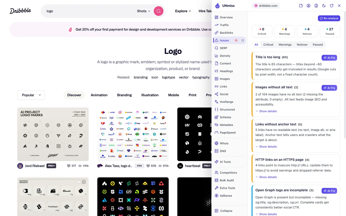 The seotools.pro browser extension Issues tab on the Dribbble logo search page: 0 critical, 4 warnings, 4 notices and 27 passed, listing title is too long (65), images without alt text (2) with 2 of 104 images having no alt text, links without anchor text (5), HTTP links on an HTTPS page (4) and Open Graph tags are incomplete (3), missing og:title, og:description and og:url.