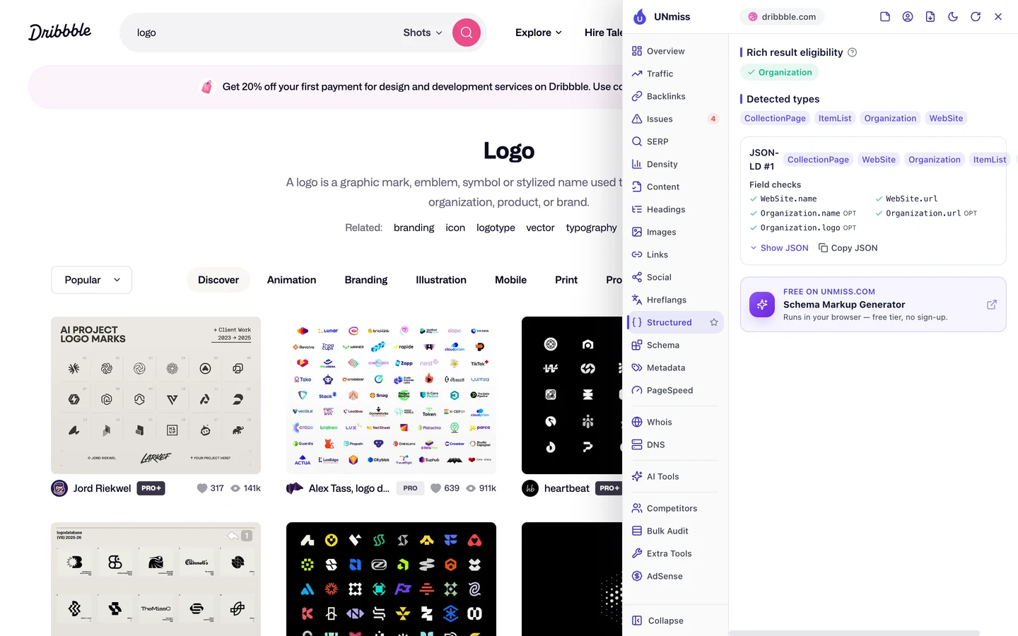 The seotools.pro browser extension Structured tab on the Dribbble logo search page: rich result eligibility for Organization, detected types CollectionPage, ItemList, Organization and WebSite, and a JSON-LD block with WebSite.name, WebSite.url, Organization.name, Organization.url and Organization.logo field checks passed.
