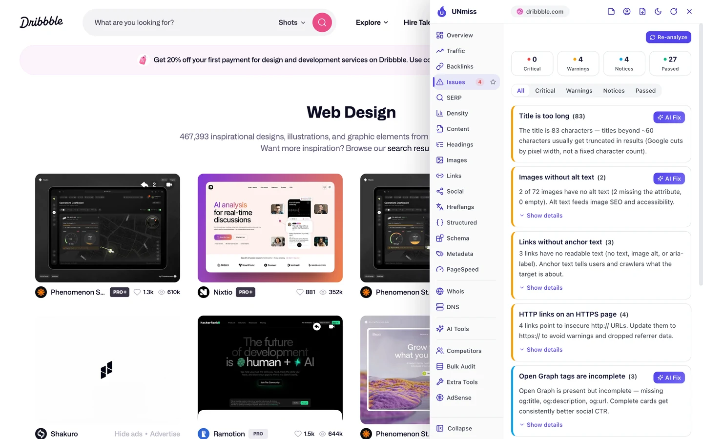 The seotools.pro browser extension Issues tab on the Dribbble web design tag page: 0 critical, 4 warnings, 4 notices and 27 passed, listing title is too long (83), images without alt text (2) with 2 of 72 images having no alt text, links without anchor text (3), HTTP links on an HTTPS page (4) and Open Graph tags are incomplete (3), missing og:title, og:description and og:url.