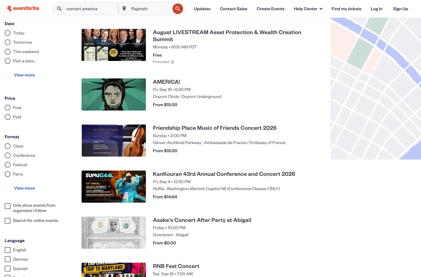 Страница фасетной подборки Eventbrite со списком событий, отфильтрованных по городу и категории.