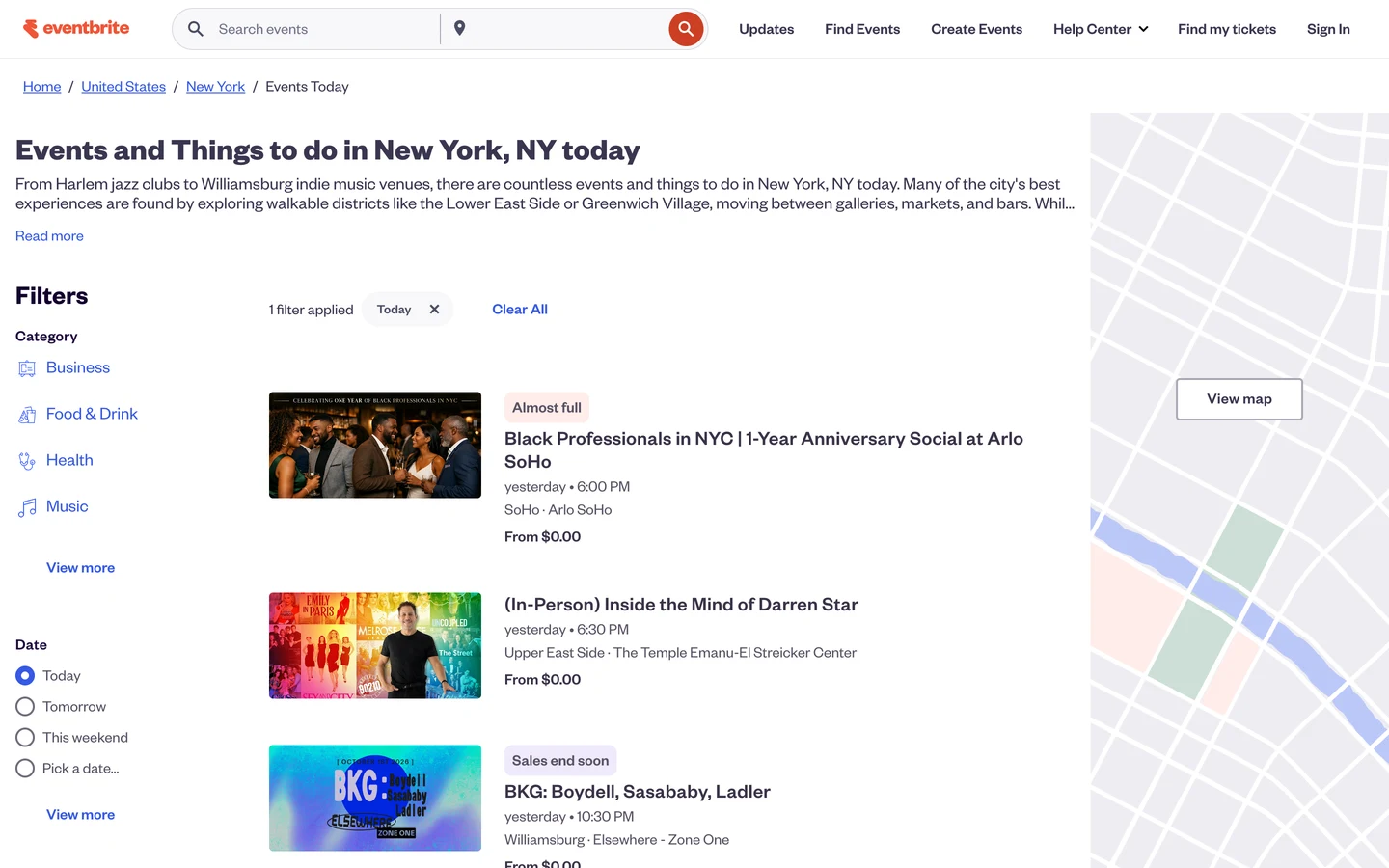 Eventbrite page Events and Things to do in New York, NY today, with breadcrumbs Home, United States, New York, Events Today, a short intro about Harlem jazz clubs and Williamsburg music venues, category and date filters with Today selected, a map, and event cards with times, venues and prices.