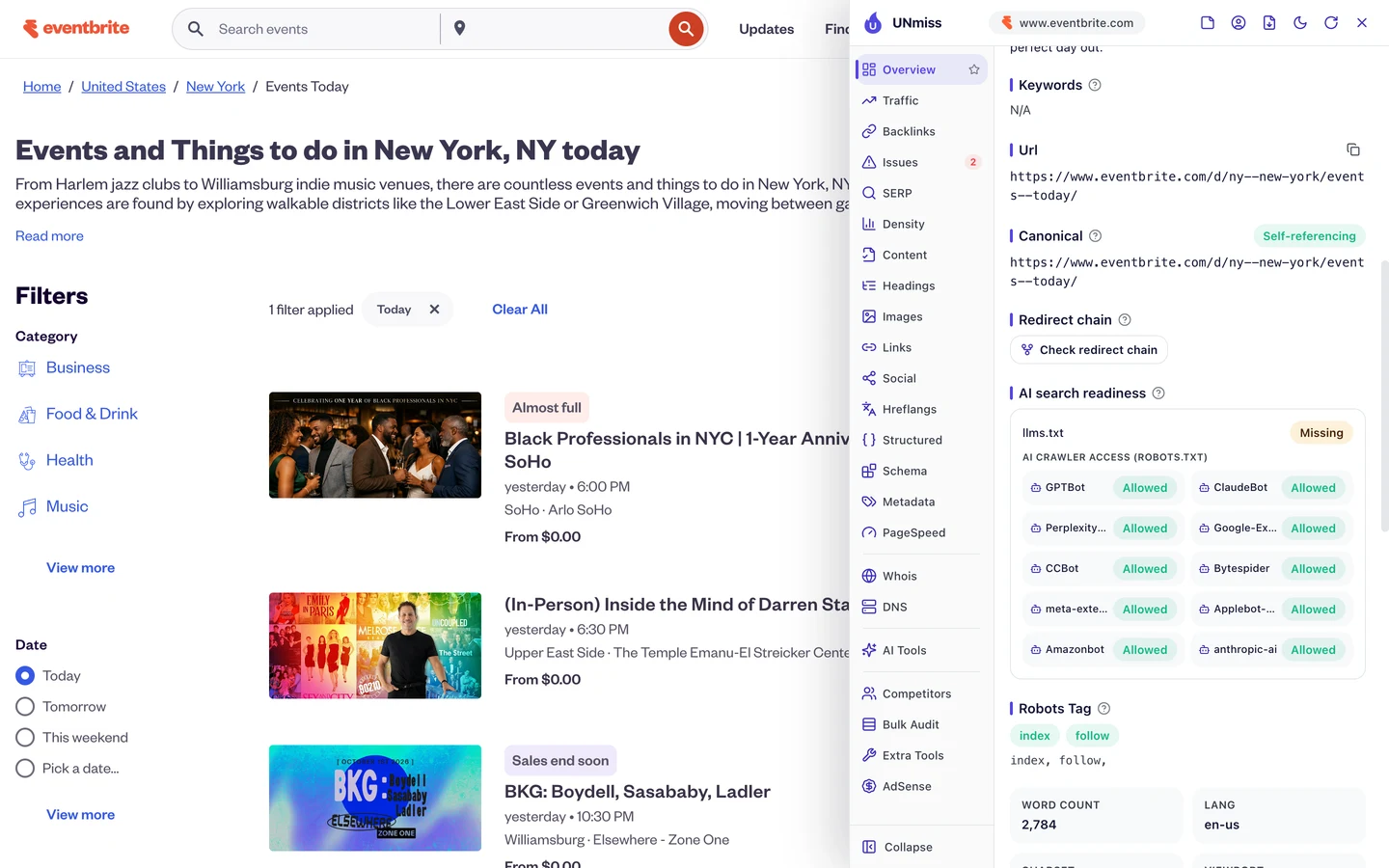 The seotools.pro browser extension on the New York events today page showing AI search readiness: llms.txt missing, and AI crawler access from robots.txt with GPTBot, ClaudeBot, PerplexityBot, Google-Extended, CCBot, Bytespider, meta-externalagent, Applebot-Extended, Amazonbot and anthropic-ai all allowed.