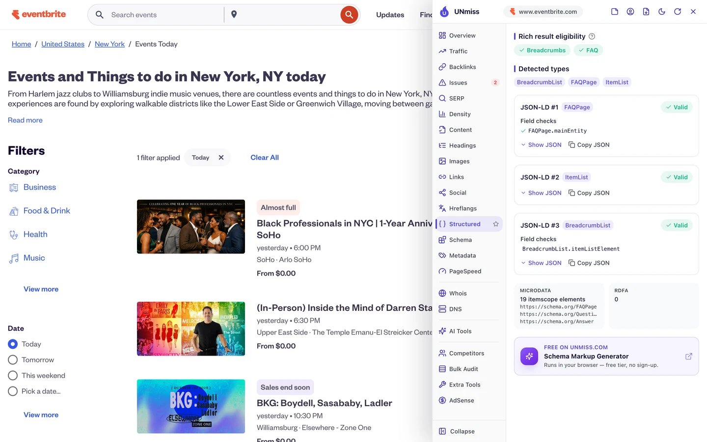 The seotools.pro browser extension Structured tab on the New York events today page: rich result eligibility for Breadcrumbs and FAQ, and 3 valid JSON-LD blocks of type FAQPage, ItemList and BreadcrumbList, plus 19 microdata elements.