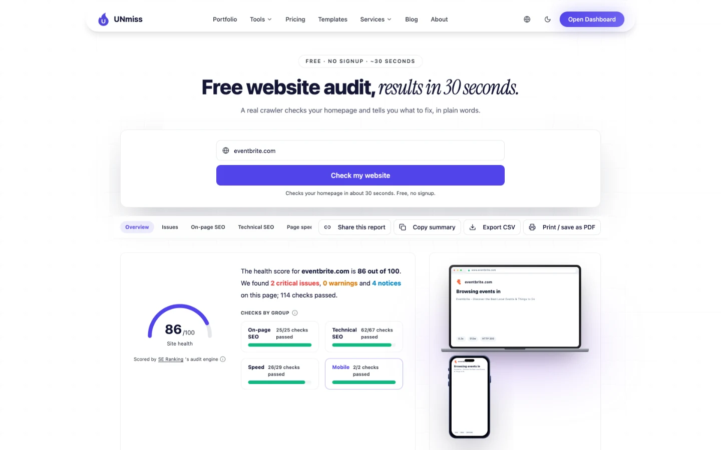seotools.pro Website Audit для eventbrite.com: здоровье сайта 86 из 100, 2 критические проблемы, 0 предупреждений, 4 замечания и 114 пройденных проверок.
