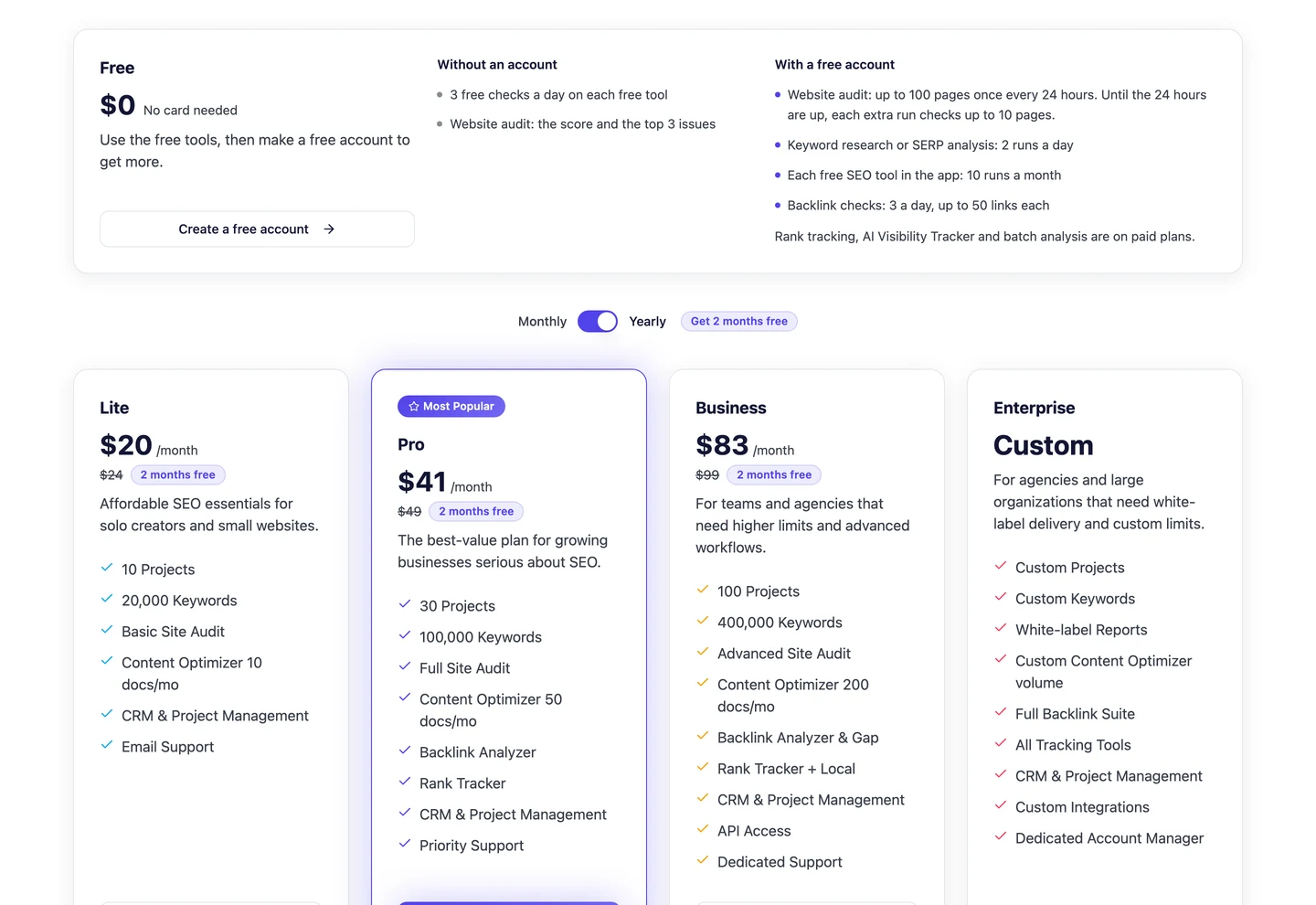 Страница тарифов seotools.pro. Тариф Free за 0&nbsp;$: 3 бесплатные проверки в день без аккаунта и больше с бесплатным аккаунтом. Тарифы Lite, Pro и Business при оплате за год стоят 20&nbsp;$, 41&nbsp;$ и 83&nbsp;$ в месяц. Enterprise по индивидуальной цене.